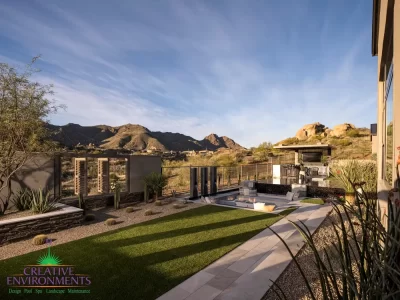 Backyard design with desert plants and artificial turf.