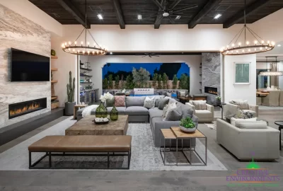 Custom indoor/outdoor design fusion with similar marble fireplaces, multiple seating areas and privacy hedges.