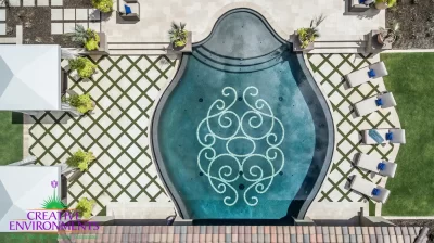 Custom backyard design with unique-shaped pool, artificial turf pattern and multiple seating areas.